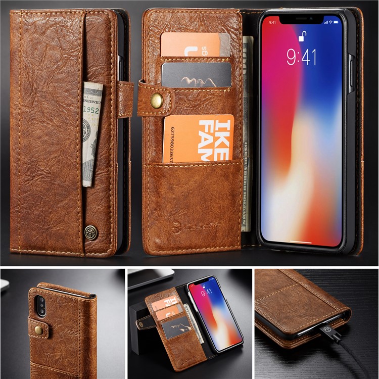 

CASEME Vintage Style Stand Бумажник PU Кожаный Корпус Телефона Для Iphone 9 Плюс 6,5 Дюйма - Коричневый, iPhone XS Max 6.5 inch