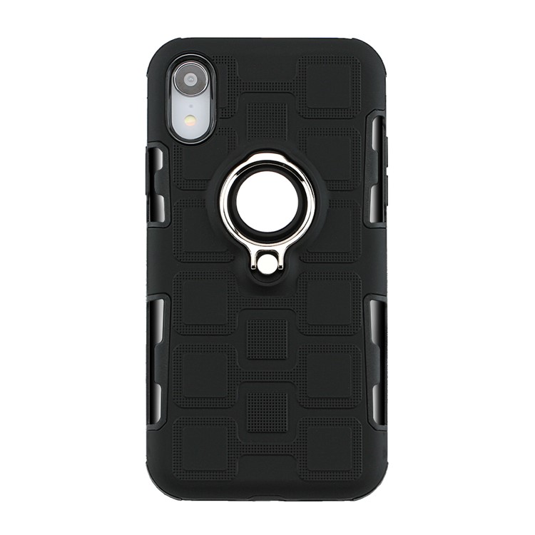 Geometric Pattern TPU PC Hybrid Case for iPhone XR 6.1-inch with Magnetic Car Mount Ring Holder - Black-2