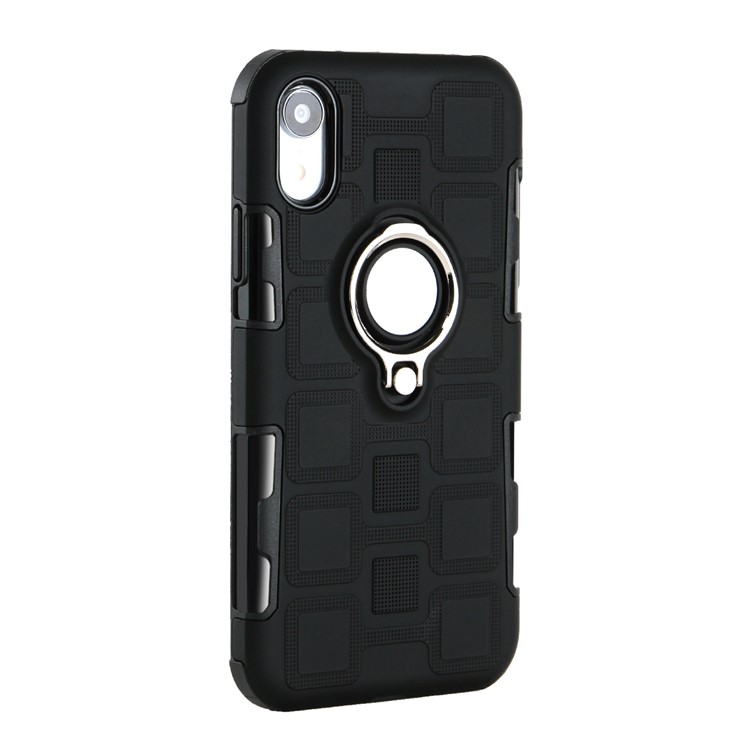 Geometric Pattern TPU PC Hybrid Case for iPhone XR 6.1-inch with Magnetic Car Mount Ring Holder - Black-3