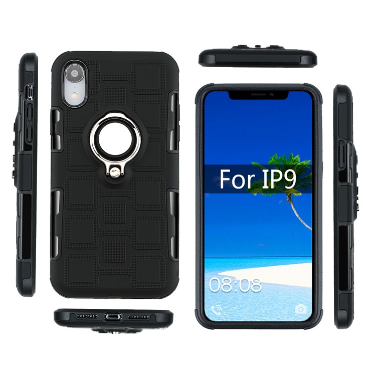 Geometric Pattern TPU PC Hybrid Case for iPhone XR 6.1-inch with Magnetic Car Mount Ring Holder - Black-4