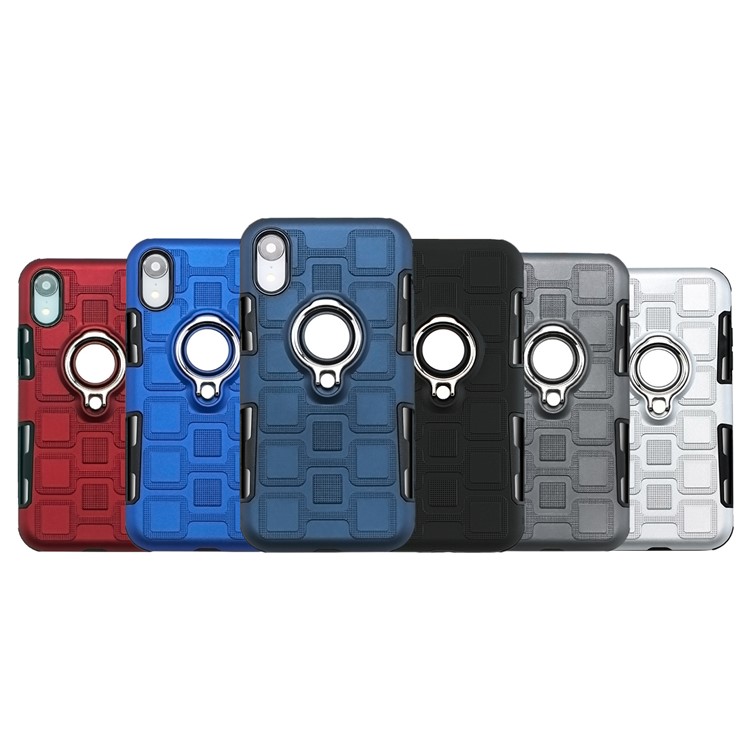 Geometric Pattern TPU PC Hybrid Case for iPhone XR 6.1-inch with Magnetic Car Mount Ring Holder - Black-5