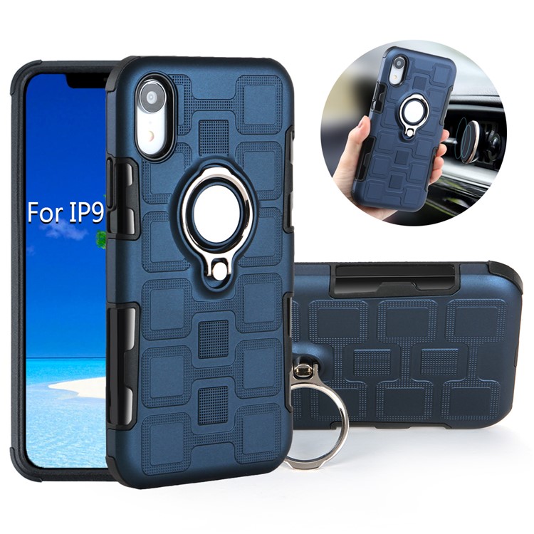 Геометрический шаблон гибридный защитный кожух tpu pc для iphone xr 6.1-дюймовый с магнитным держателем для крепления автомобиля - темно-синий