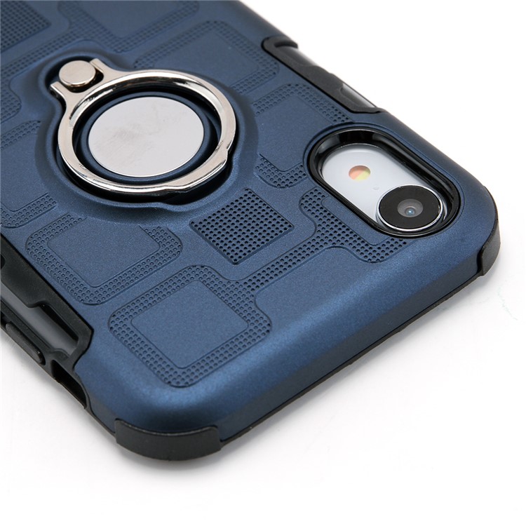 Geometric Pattern TPU PC Hybrid Protective Casing for iPhone XR 6.1-inch with Magnetic Car Mount Ring Holder - Dark Blue-10