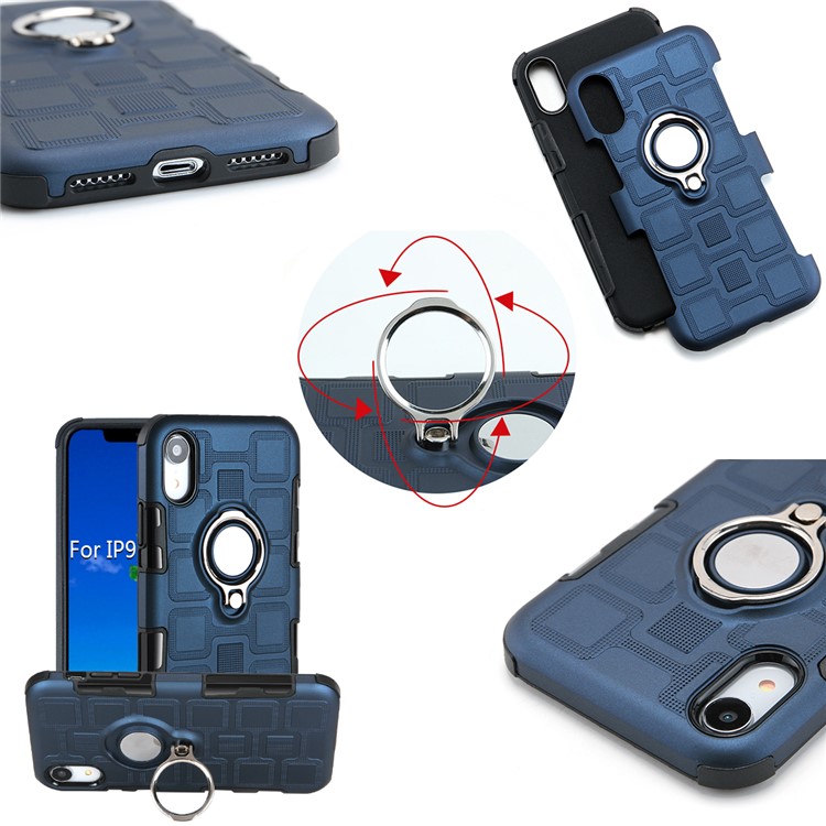 Geometric Pattern TPU PC Hybrid Protective Casing for iPhone XR 6.1-inch with Magnetic Car Mount Ring Holder - Dark Blue-12