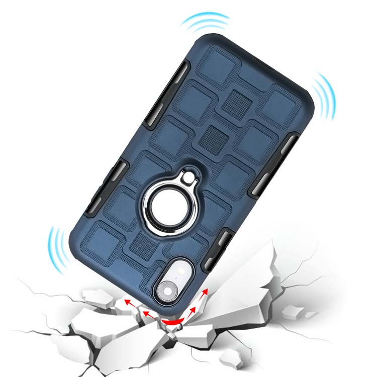 Geometric Pattern TPU PC Hybrid Protective Casing for iPhone XR 6.1-inch with Magnetic Car Mount Ring Holder - Dark Blue-13
