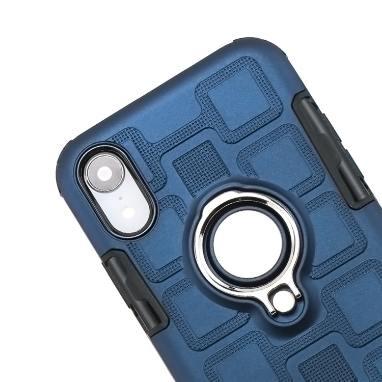 Geometric Pattern TPU PC Hybrid Protective Casing for iPhone XR 6.1-inch with Magnetic Car Mount Ring Holder - Dark Blue-14