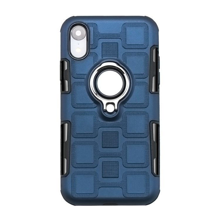 Geometric Pattern TPU PC Hybrid Protective Casing for iPhone XR 6.1-inch with Magnetic Car Mount Ring Holder - Dark Blue-2