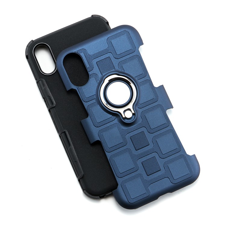Geometric Pattern TPU PC Hybrid Protective Casing for iPhone XR 6.1-inch with Magnetic Car Mount Ring Holder - Dark Blue-3