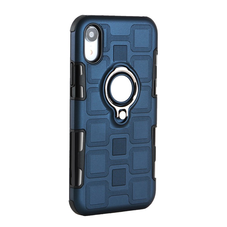Geometric Pattern TPU PC Hybrid Protective Casing for iPhone XR 6.1-inch with Magnetic Car Mount Ring Holder - Dark Blue-4