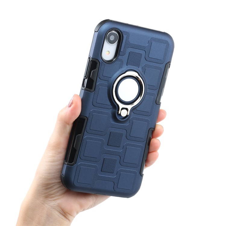 Geometric Pattern TPU PC Hybrid Protective Casing for iPhone XR 6.1-inch with Magnetic Car Mount Ring Holder - Dark Blue-5