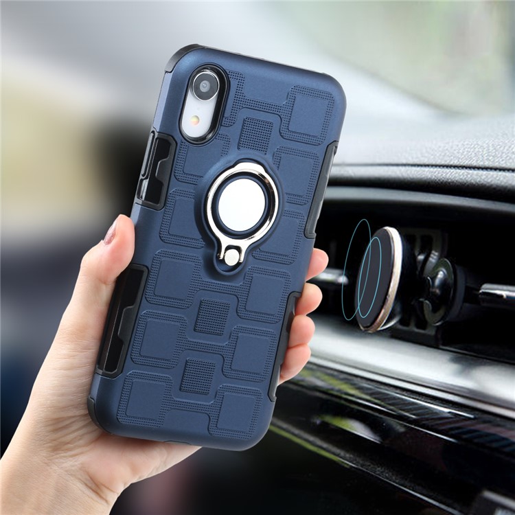 Geometric Pattern TPU PC Hybrid Protective Casing for iPhone XR 6.1-inch with Magnetic Car Mount Ring Holder - Dark Blue-6
