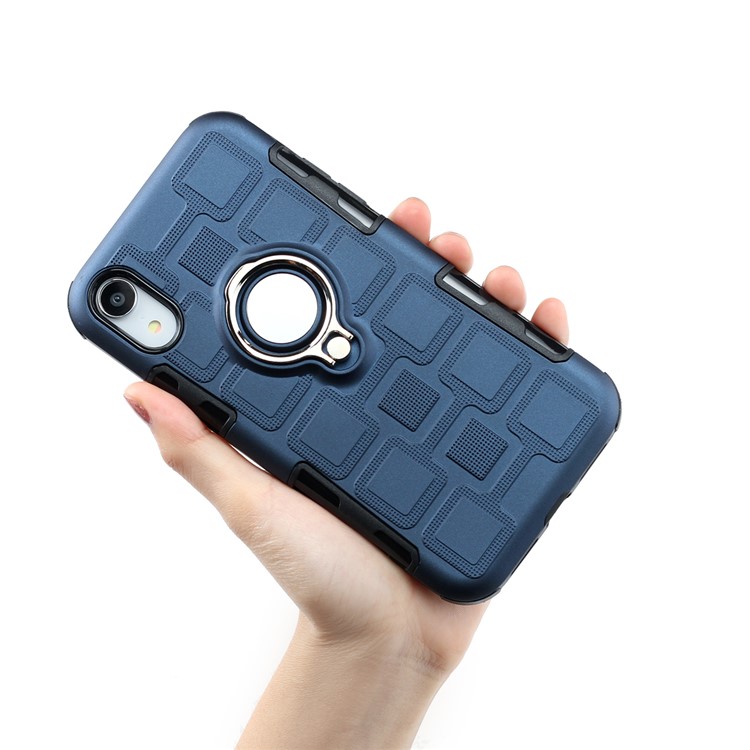 Geometric Pattern TPU PC Hybrid Protective Casing for iPhone XR 6.1-inch with Magnetic Car Mount Ring Holder - Dark Blue-7