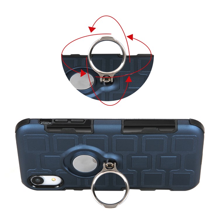 Geometric Pattern TPU PC Hybrid Protective Casing for iPhone XR 6.1-inch with Magnetic Car Mount Ring Holder - Dark Blue-8