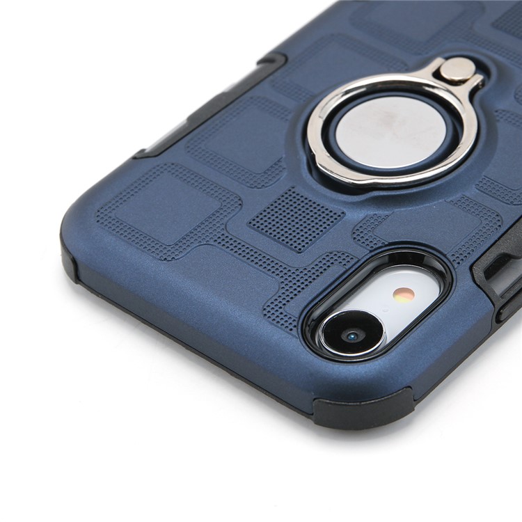 Geometric Pattern TPU PC Hybrid Protective Casing for iPhone XR 6.1-inch with Magnetic Car Mount Ring Holder - Dark Blue-9