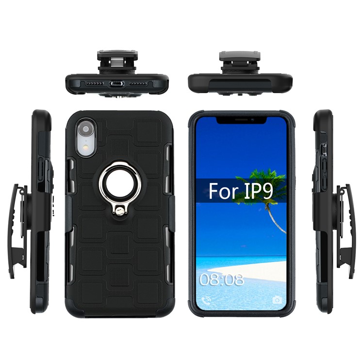 Geometric Pattern TPU PC Belt Clip Hybrid Casing for iPhone XR 6.1-inch (Silver Kickstand and Magnetic Iron) - Black-11
