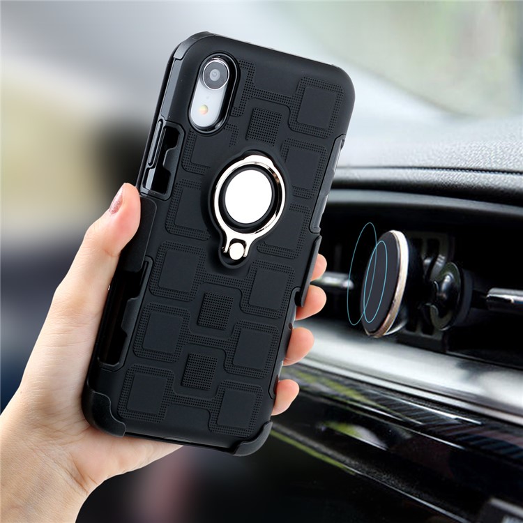 Geometric Pattern TPU PC Belt Clip Hybrid Casing for iPhone XR 6.1-inch (Silver Kickstand and Magnetic Iron) - Black-3