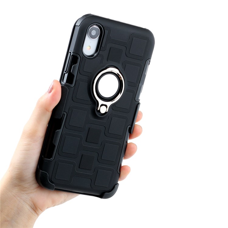 Geometric Pattern TPU PC Belt Clip Hybrid Casing for iPhone XR 6.1-inch (Silver Kickstand and Magnetic Iron) - Black-4