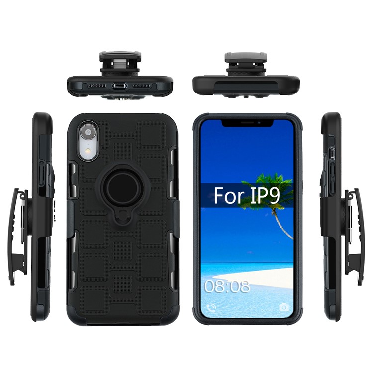 For iPhone XR 6.1-inch TPU PC Belt Clip Hybrid Cover | Geometric Pattern | Black Kickstand and Magnet Iron - Black-11