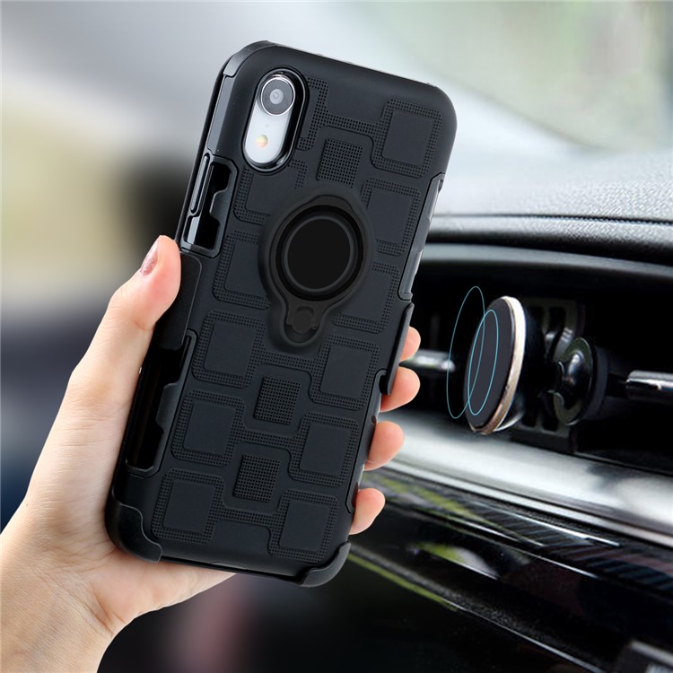 For iPhone XR 6.1-inch TPU PC Belt Clip Hybrid Cover | Geometric Pattern | Black Kickstand and Magnet Iron - Black-3