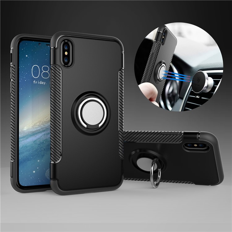 Carbon Fiber Texture TPU + PC Hybrid Case with Kickstand for iPhone Xs 5.8 inch (Built-in Magnetic Metal Sheet) - Black-1
