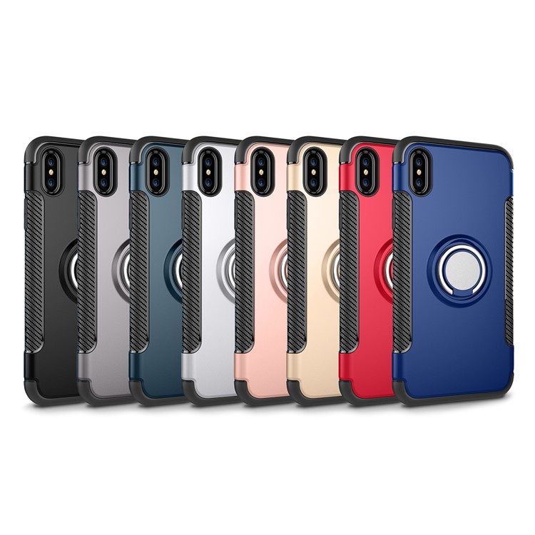 Carbon Fiber Texture TPU + PC Hybrid Case with Kickstand for iPhone Xs 5.8 inch (Built-in Magnetic Metal Sheet) - Black-10