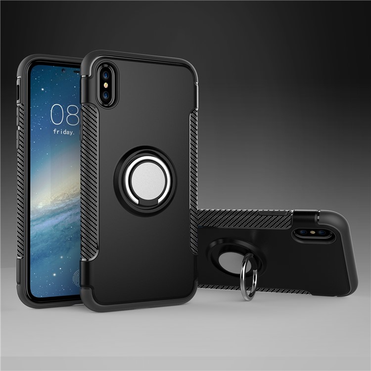 Carbon Fiber Texture TPU + PC Hybrid Case with Kickstand for iPhone Xs 5.8 inch (Built-in Magnetic Metal Sheet) - Black-2
