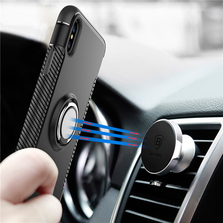 Carbon Fiber Texture TPU + PC Hybrid Case with Kickstand for iPhone Xs 5.8 inch (Built-in Magnetic Metal Sheet) - Black-3