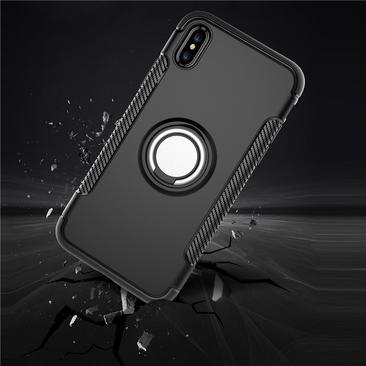 Carbon Fiber Texture TPU + PC Hybrid Case with Kickstand for iPhone Xs 5.8 inch (Built-in Magnetic Metal Sheet) - Black-4