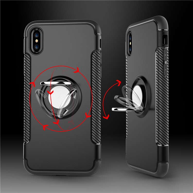 Carbon Fiber Texture TPU + PC Hybrid Case with Kickstand for iPhone Xs 5.8 inch (Built-in Magnetic Metal Sheet) - Black-5