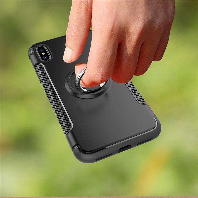 Carbon Fiber Texture TPU + PC Hybrid Case with Kickstand for iPhone Xs 5.8 inch (Built-in Magnetic Metal Sheet) - Black-6
