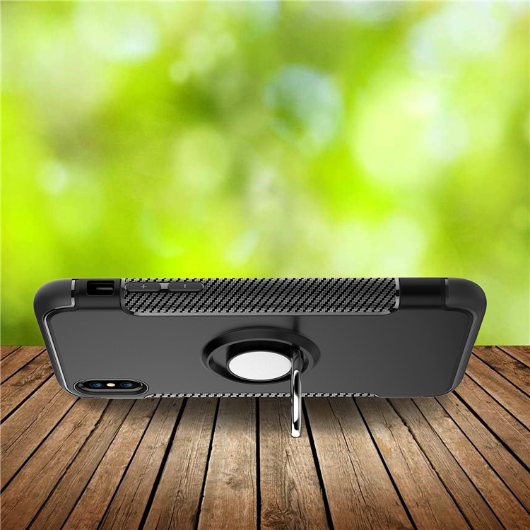 Carbon Fiber Texture TPU + PC Hybrid Case with Kickstand for iPhone Xs 5.8 inch (Built-in Magnetic Metal Sheet) - Black-7