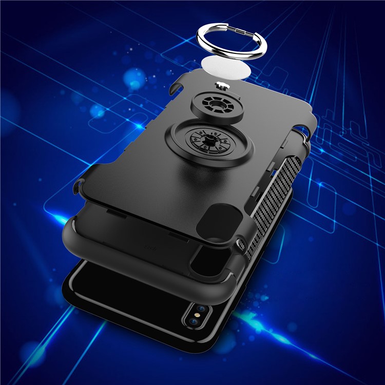 Carbon Fiber Texture TPU + PC Hybrid Case with Kickstand for iPhone Xs 5.8 inch (Built-in Magnetic Metal Sheet) - Black-8