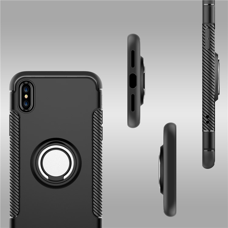Carbon Fiber Texture TPU + PC Hybrid Case with Kickstand for iPhone Xs 5.8 inch (Built-in Magnetic Metal Sheet) - Black-9