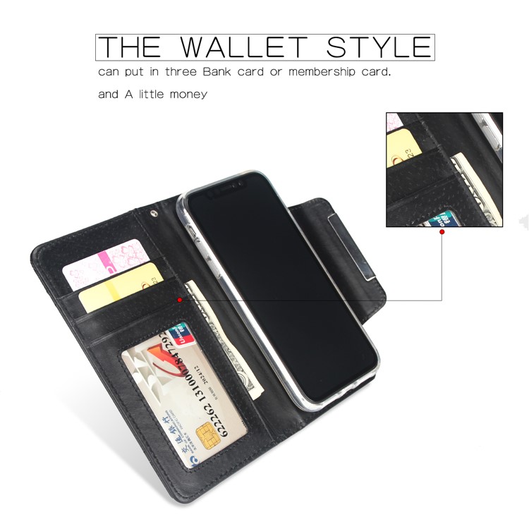 For iPhone XR 6.1 inch Glittery Leaves Flowers Leather Wallet Cover + Detachable Inner TPU Back Case - Black-2