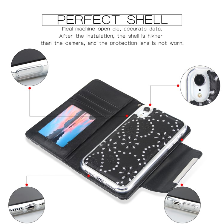 For iPhone XR 6.1 inch Glittery Leaves Flowers Leather Wallet Cover + Detachable Inner TPU Back Case - Black-3
