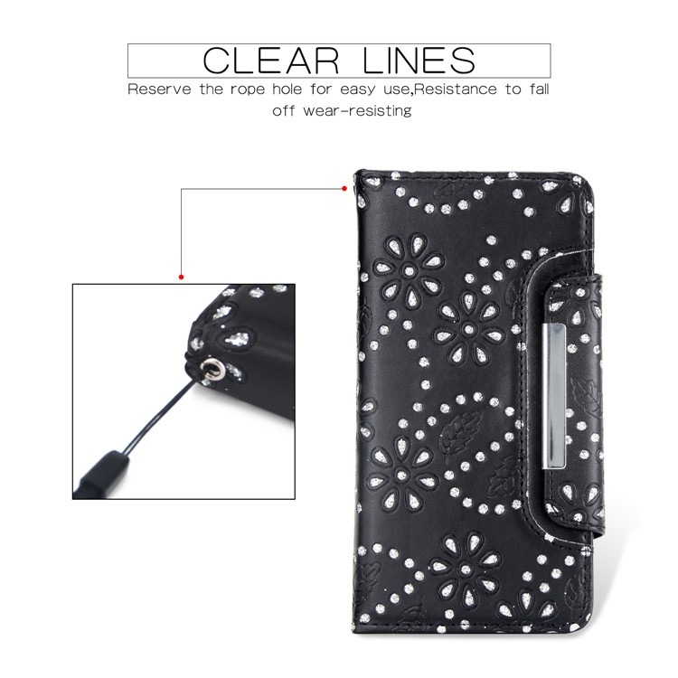For iPhone XR 6.1 inch Glittery Leaves Flowers Leather Wallet Cover + Detachable Inner TPU Back Case - Black-5