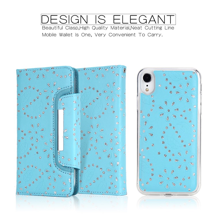 

For iPhone XR 6.1 inch Glittery Leaves Flowers Leather Wallet Protective Shell + Detachable Inner TPU Back Case - Blue
