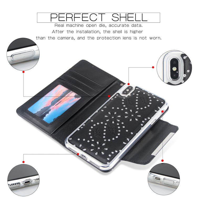 Glittery Leaves Flowers Leather Wallet Cover + Detachable Inner TPU Back Casing for iPhone XS Max 6.5 inch - Black-3