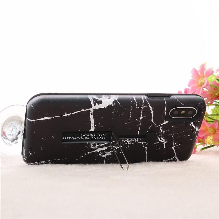 Embossed Marble Pattern TPU PC Hybrid Case with Finger Grip and Kickstand for iPhone XR 6.1 inch - Black-4