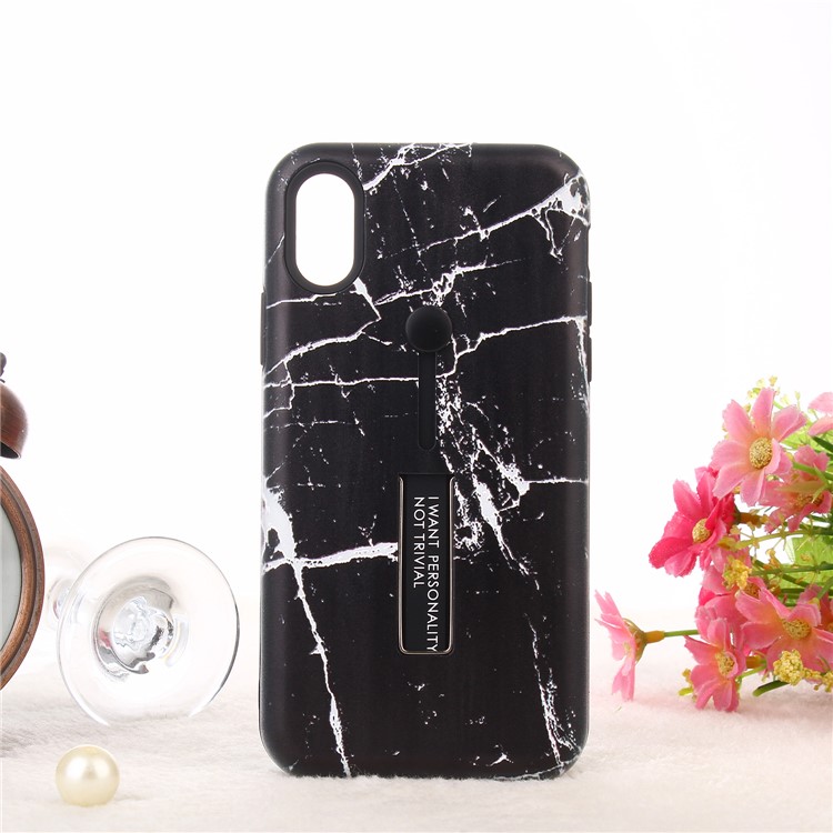 For iPhone XS Max 6.5 inch Embossed Marble Pattern TPU PC Hybrid Case with Finger Grip and Kickstand - Black-1