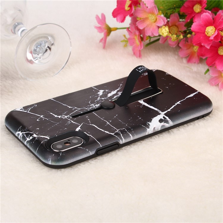 For iPhone XS Max 6.5 inch Embossed Marble Pattern TPU PC Hybrid Case with Finger Grip and Kickstand - Black-3