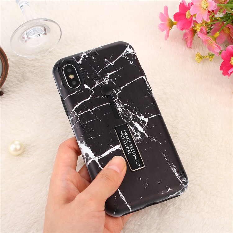 For iPhone XS Max 6.5 inch Embossed Marble Pattern TPU PC Hybrid Case with Finger Grip and Kickstand - Black-5