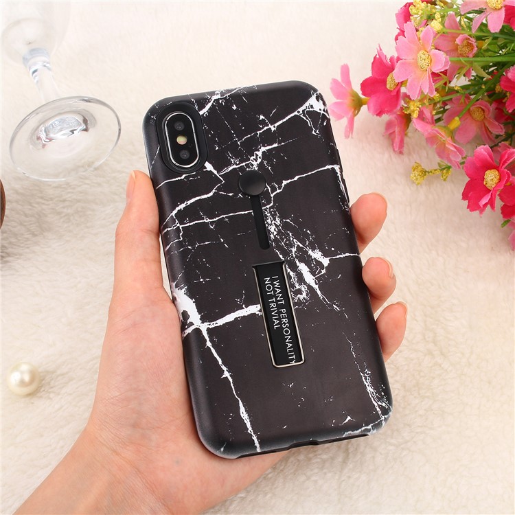 For iPhone XS Max 6.5 inch Embossed Marble Pattern TPU PC Hybrid Case with Finger Grip and Kickstand - Black-6