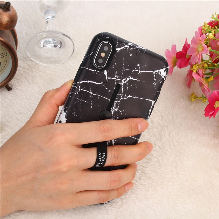 For iPhone XS Max 6.5 inch Embossed Marble Pattern TPU PC Hybrid Case with Finger Grip and Kickstand - Black-7