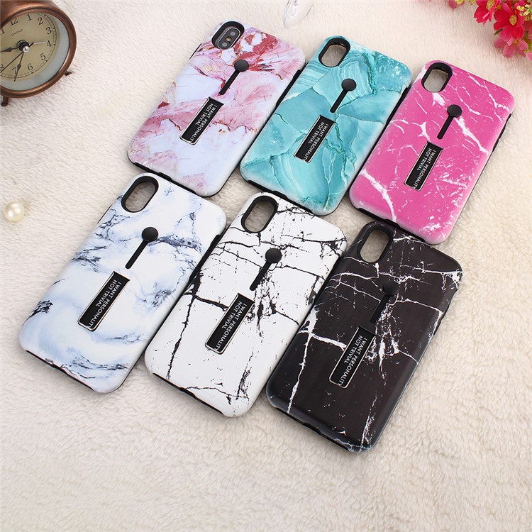 For iPhone XS Max 6.5 inch Embossed Marble Pattern TPU PC Hybrid Case with Finger Grip and Kickstand - Black-8