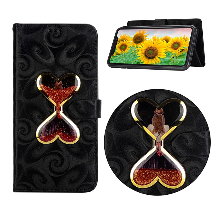 Double Heart Hourglass Quicksand Leather Wallet Case for iPhone Xs Max 6.5 inch - Black-1