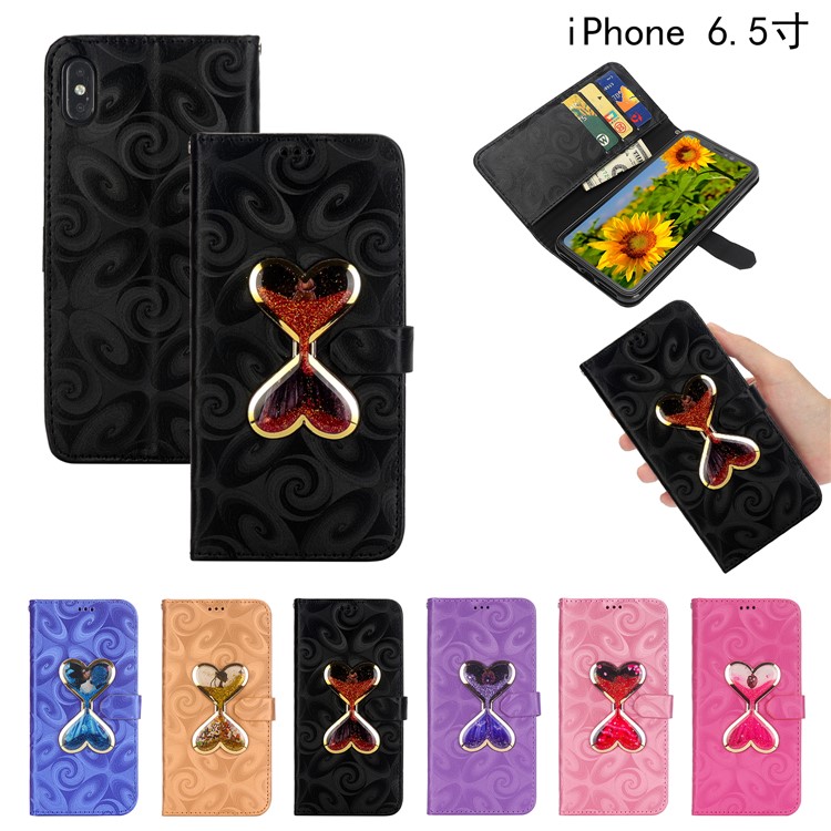 Double Heart Hourglass Quicksand Leather Wallet Case for iPhone Xs Max 6.5 inch - Black-8