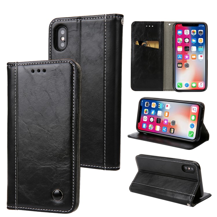 

Stitching Leather Card Holder Wallet Case for iPhone XS Max 6.5 inch with Stand - All Black