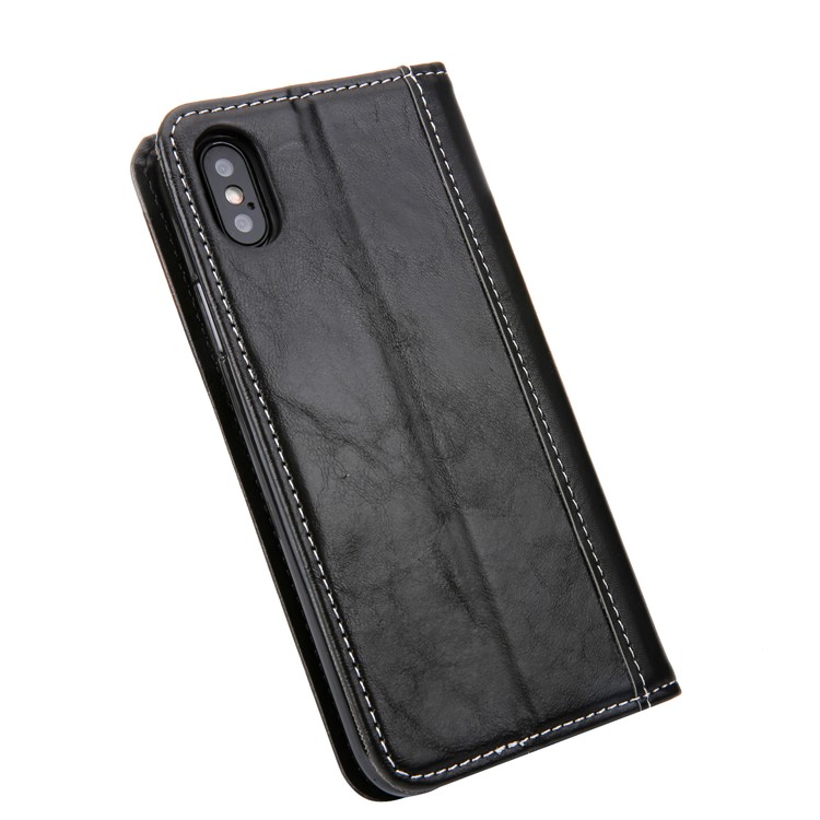 Stitching Leather Wallet Case with Stand for iPhone Xs 5.8 inch - All Black-5