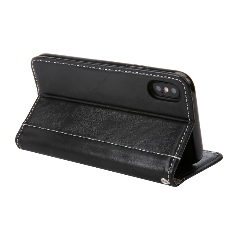 Stitching Leather Wallet Case with Stand for iPhone Xs 5.8 inch - All Black-6